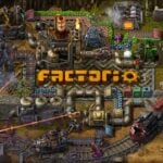 A detailed, industrial-themed illustration featuring a factory complex with machinery, conveyor belts, and trains. The word "Factorio" is prominently displayed in the center, surrounded by steam, lasers, and mechanical structures.