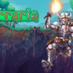 Promotional image for Terraria, showing a knight in silver armor holding a torch and pickaxe, exploring underground caverns filled with monsters and treasures.