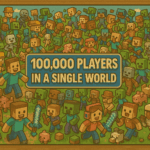 A lively vintage Minecraft scene showing hundreds of players and mobs interacting across a vibrant landscape, framed by a wooden border with a bold central text banner.