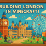 Minecraft recreation of London with colorful characters building landmarks
