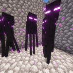A group of endermen standing inside a cobblestone structure with glowing purple eyes and particles.