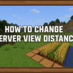 Minecraft in-game screenshot showing a grassy farm landscape with text "HOW TO CHANGE SERVER VIEW DISTANCE" overlaid in bold block letters, framed by a wooden border in 16:9 aspect ratio.