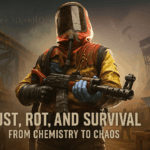 A detailed split image showing rust on a real-world decaying bridge beside a survival scene from the video game Rust with corroding metal structures and a rugged player character.