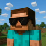 Minecraft character wearing black sunglasses standing in a grassy forest biome under a clear blue sky.