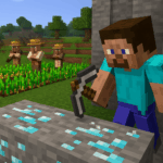 Minecraft player mining diamond while villagers farm crops in a lush field.