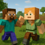 Two Minecraft characters playing happily together in a sunny grassy biome, with hills and trees in the background.