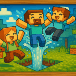 Three Minecraft-style characters joyfully jumping around a water geyser in a grassy forest landscape.