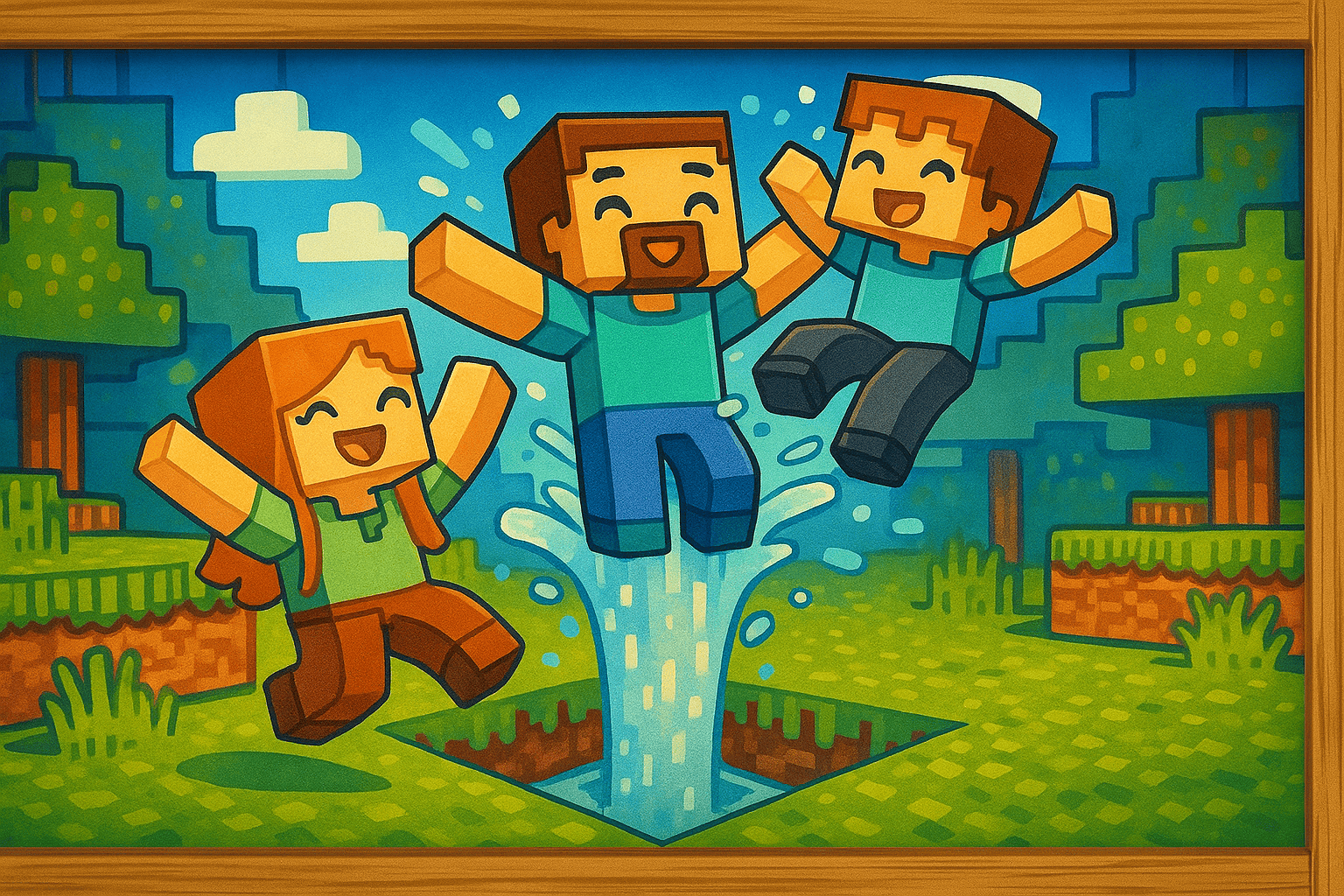 Three Minecraft-style characters joyfully jumping around a water geyser in a grassy forest landscape.