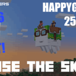Two Minecraft players riding a Happy Ghast through the sky at sunset, promoting version 1.21.6 and a 25% discount with the code HAPPYGHAST.