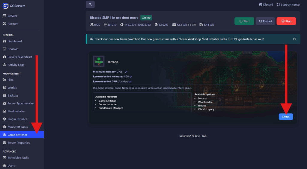 Installing selected game on GGServers’ Game Switcher