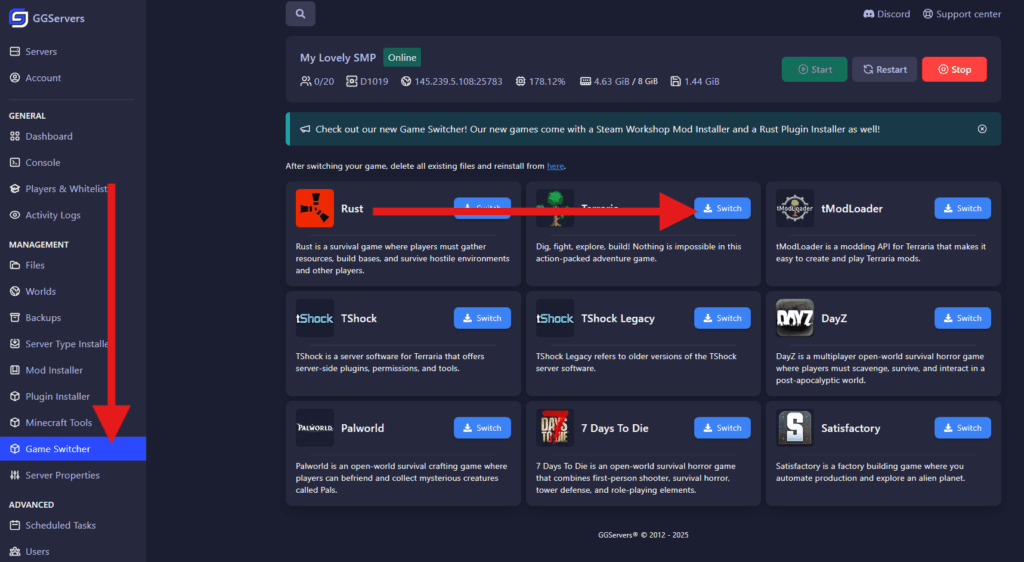 Selecting a game in GGServers’ Game Switcher UI