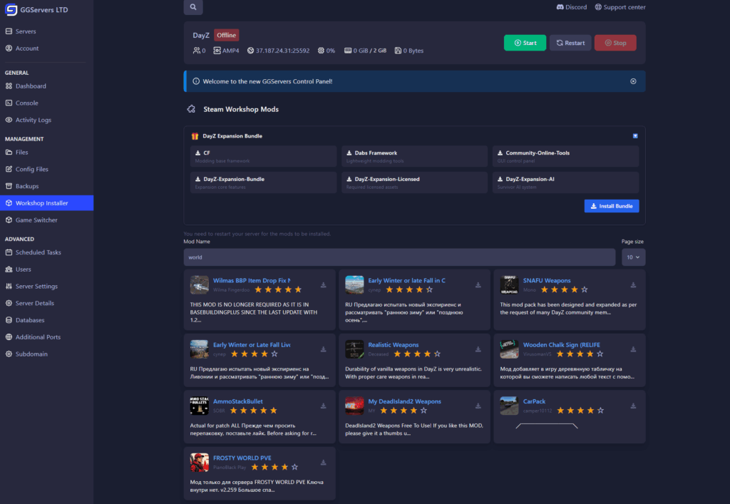 GGServers control panel showing the Steam Workshop Installer interface with DayZ mods.
