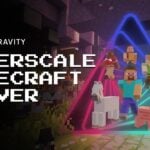 Minecraft characters in front of a glowing neon triangle promoting MetaGravity's Hyperscale Minecraft Server