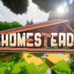 Homestead Minecraft modpack logo over a vibrant, lush village background