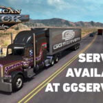 American Truck Simulator truck with a GGServers trailer driving on a highway in the desert, promoting game server hosting.