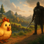 A realistic Stardew Valley chicken stands in a pixelated Minecraft landscape, facing a lifelike armored warrior.