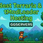 Pixel art Terraria-style scene with a hero, slime, and forest promoting the best Terraria & tModLoader hosting by GGServers in 2026.