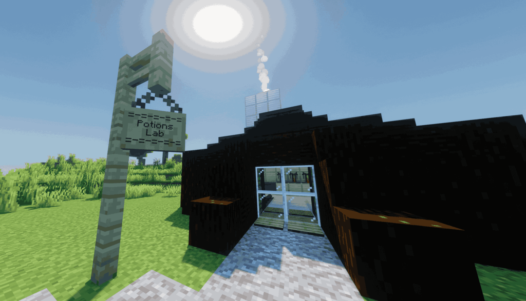 Minecraft Potions Lab entrance with wooden structure and sign under the sun
