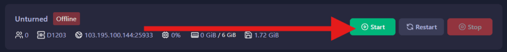 Start the Unturned server in the GGServers panel