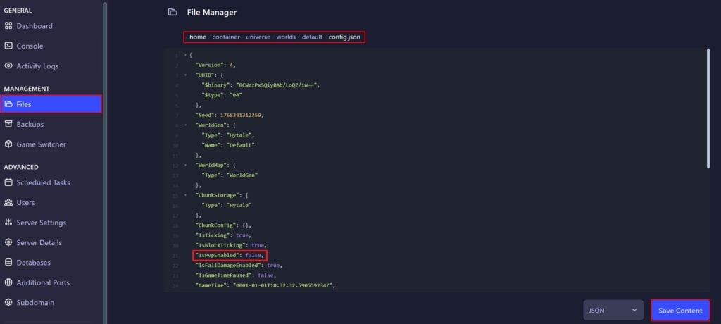 Editing config.json to change PvP settings in Hytale