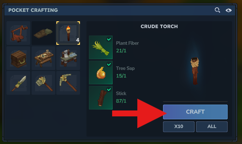 Crafting Crude Torches in the Hytale pocket crafting menu