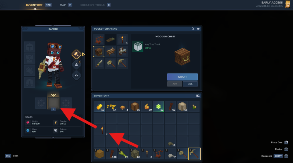 Opening Hytale inventory to manage left hand items