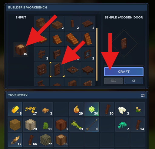 Crafting a wooden door using the Builder’s Workbench in Hytale