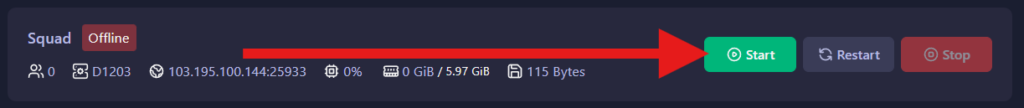 Starting the Squad server in the GGServers panel