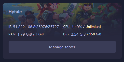Selecting the Manage Server button in the Hytale dashboard