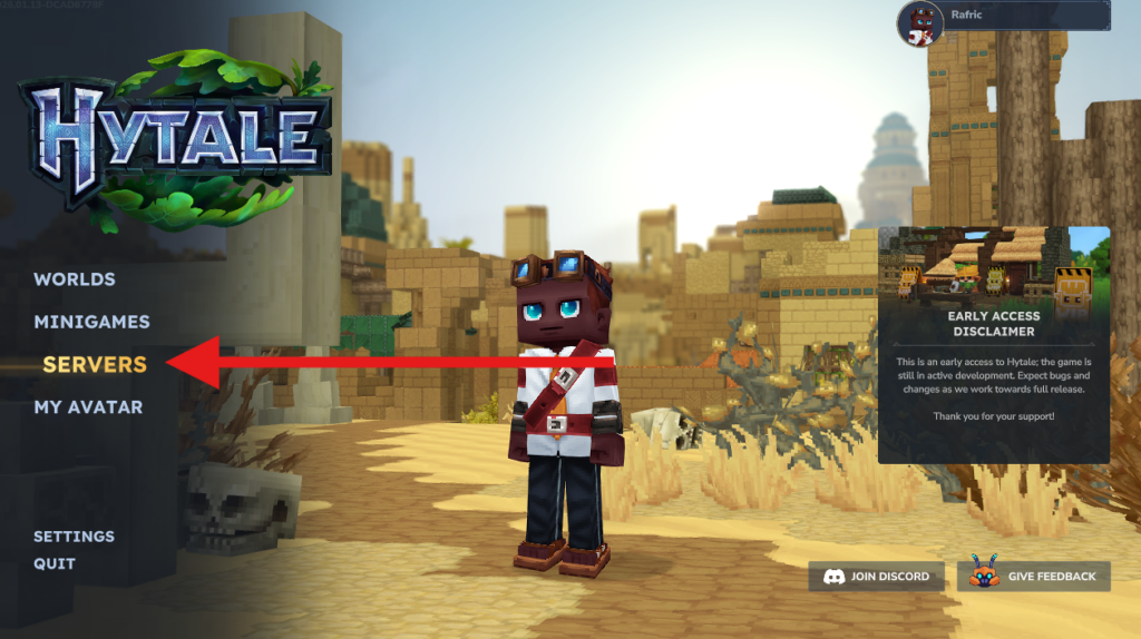 Navigating to the Servers tab in Hytale