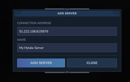 Entering Hytale server IP and custom name