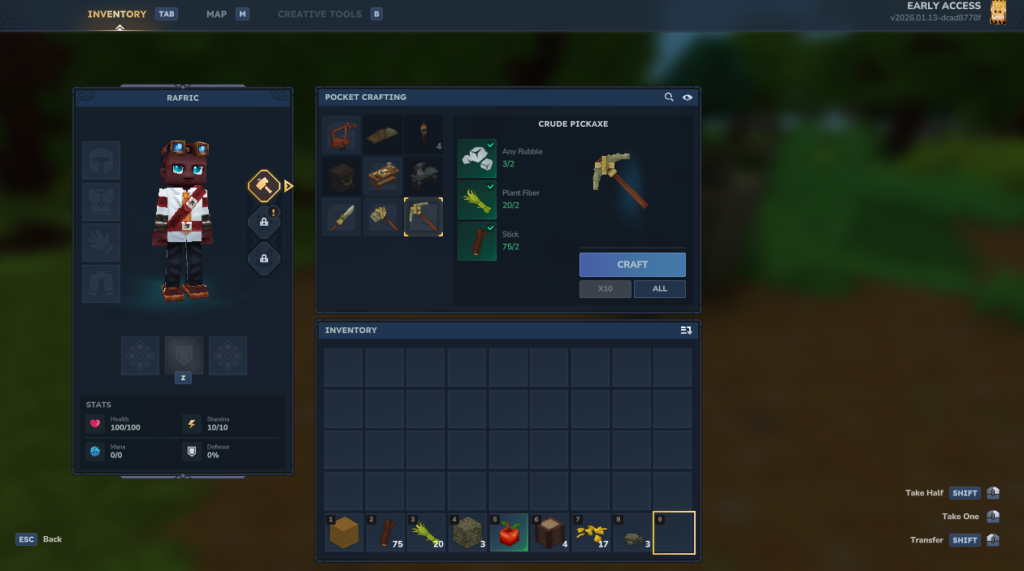 Viewing Hytale crafting recipes in the inventory