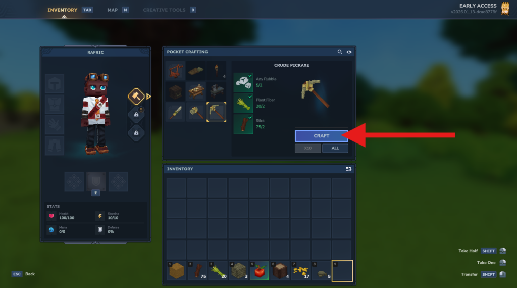 Clicking craft for the Crude Pickaxe in Hytale