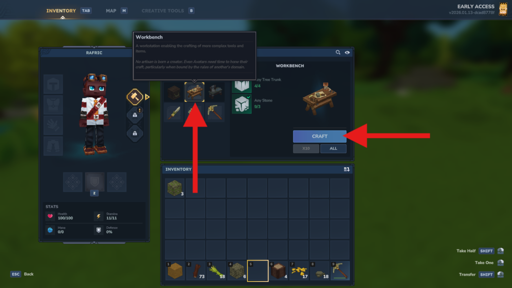 Crafting a Workbench in the Hytale pocket crafting menu