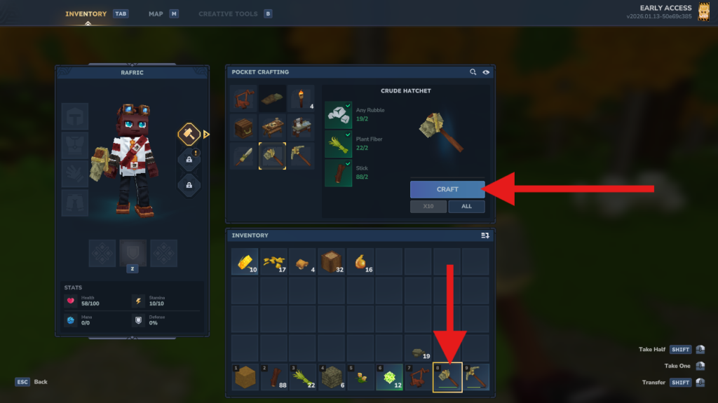 Viewing the Crude Hatchet recipe in Hytale