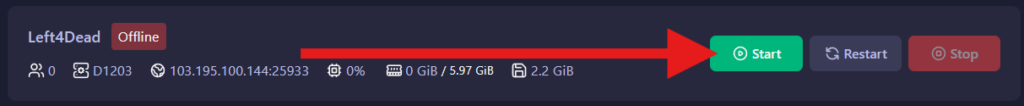 Starting the Left 4 Dead server on GGServers panel