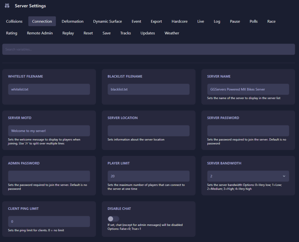Configuring Connection Tab Options in MX Bikes